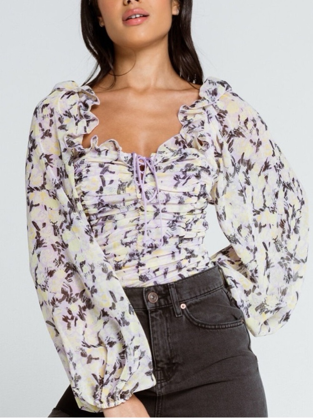 Free People Mabel Printed Blouse Lilac Floral Ruched Corset Puff Sleeve Large